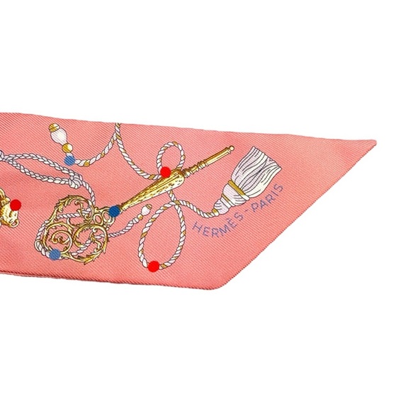 New Hermes Twilly Scarf Les Cles a Pois Rose Beige Multicolor 100% Silk - Picture 5 of 16